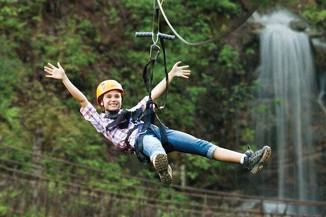7 Line Waterfall Canopy Zipline Course - The Foxfire Mountain Swinging Bridge moment