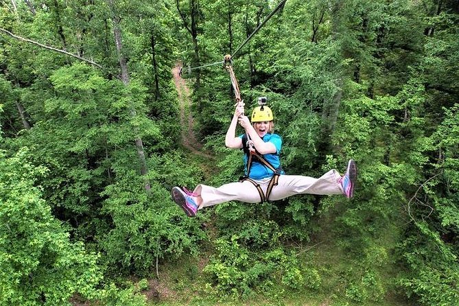 Fontanel Zipline Forest Adventure at Nashville North - The course run: harnesses, steel cables, and 8–9 lines