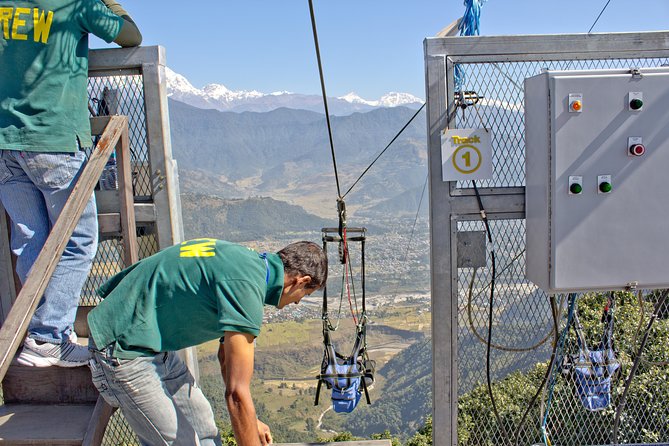Pokhara Zipline Flying - The Flight Itself: forest canopy, Seti stream, Annapurna, Machhapuchhre, and landing at Hyangja