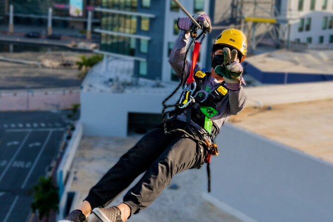 Zipline Sky Bull in Urban Environment in Toroverde urban park San Juan - Clipping in: helmet, harness, and the Safe Roller system