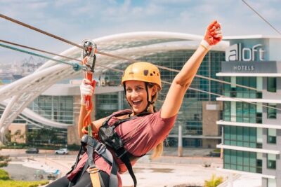 Zipline Sky Bull in Urban Environment in Toroverde urban park San Juan - Climbing to the top: inside the building, then up to the 90-foot launch
